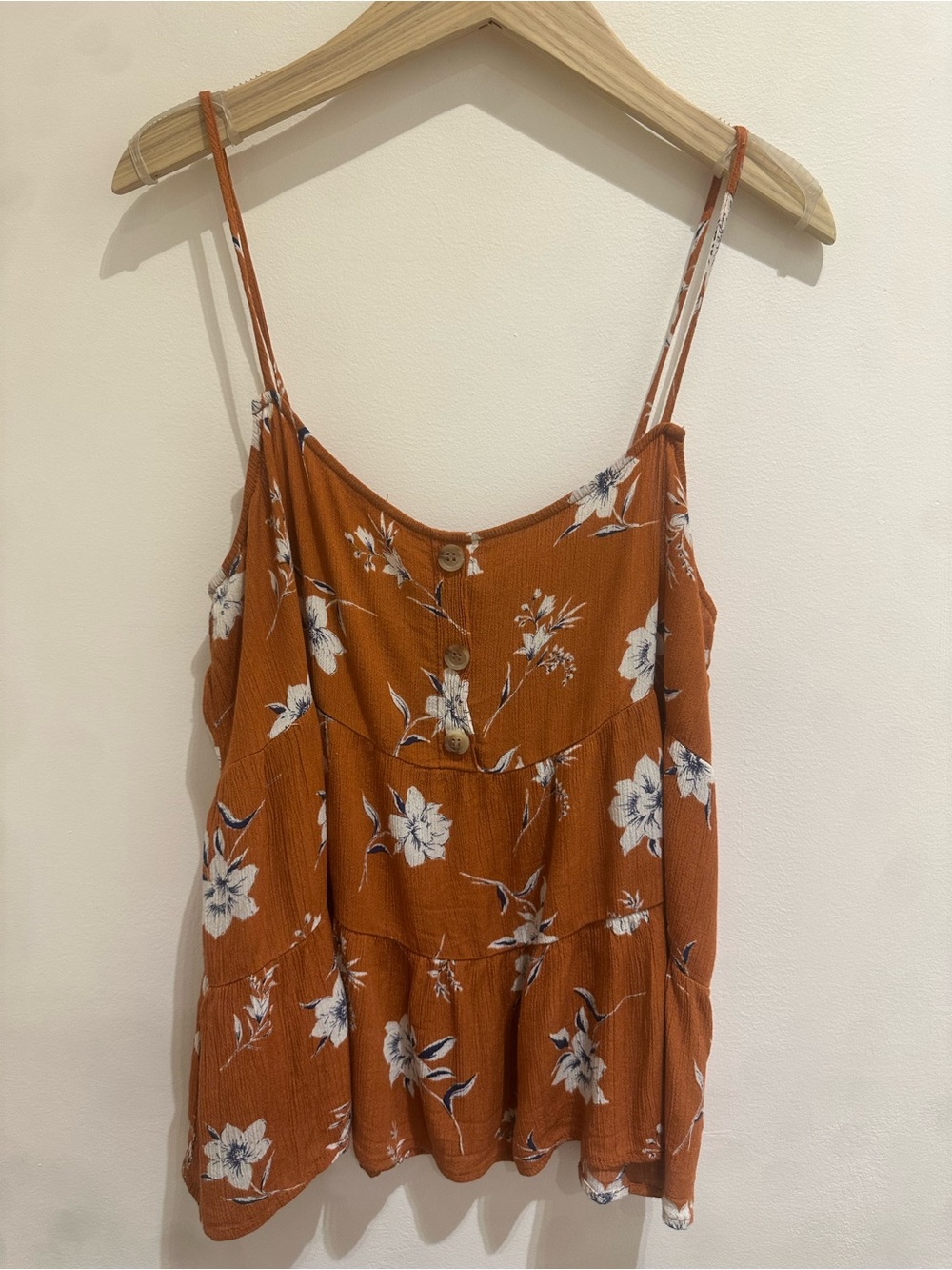 Paper Crane Rust Floral Button-Tier Spaghetti Strap Tank L